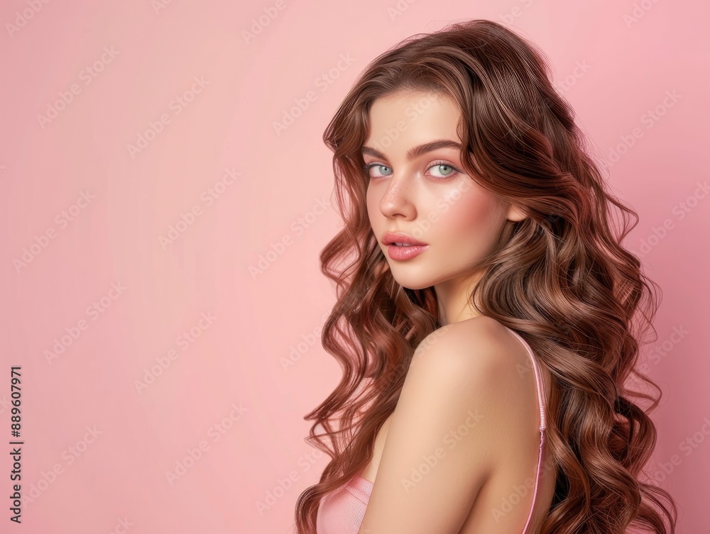 25 year old caucasian woman with gorgeous twisted curls, long hair coming down from shoulders, posing on pastel mono color solid background 25 year old caucasian woman with gorgeous twisted curls, long hair coming down from shoulders, posing on pastel mono color solid background