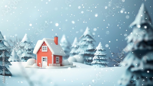 A small red house with a snowy roof sits in a snowy forest. © stocker