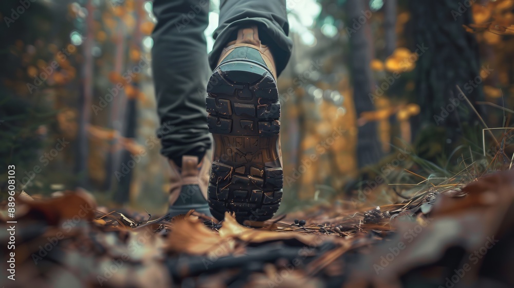 A close-up of a hiker's boots stepping on a trail blanketed with autumn leaves captures the seasonal transition, highlighting the beauty and adventure of an autumn hike in the woods. A close-up of a hiker's boots stepping on a trail blanketed with autumn leaves captures the seasonal transition, highlighting the beauty and adventure of an autumn hike in the woods.