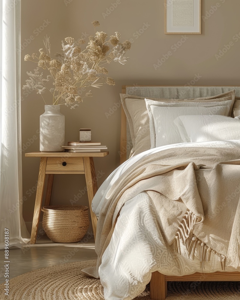 Wooden bedside table near bed with beige fabric headboard, Scandinavian interior design of modern bedroom, Generative AI Wooden bedside table near bed with beige fabric headboard, Scandinavian interior design of modern bedroom, Generative AI