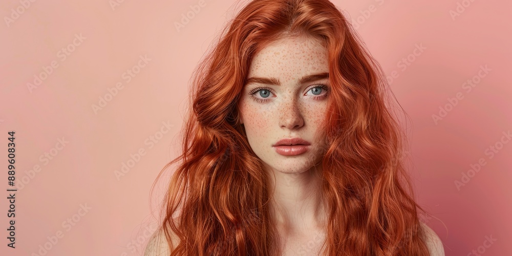 25 year old red-haired woman with gorgeous twisted curls, long hair coming down from shoulders, posing on pastel mono color solid background 25 year old red-haired woman with gorgeous twisted curls, long hair coming down from shoulders, posing on pastel mono color solid background