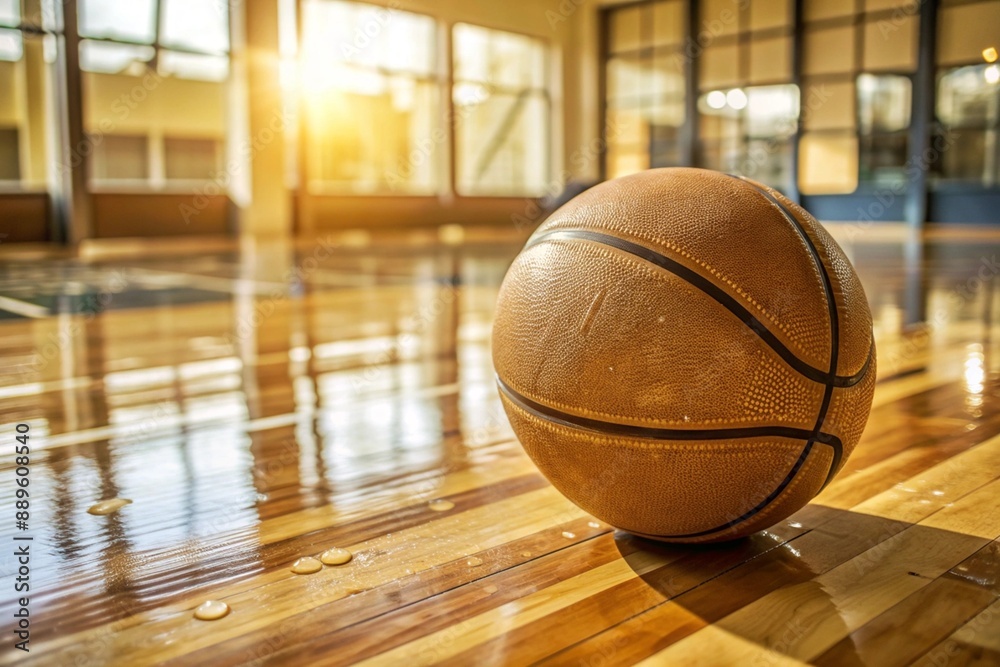 A basketball on the floor of a basketball court. The ball is in close-up. A basketball on the floor of a basketball court. The ball is in close-up.