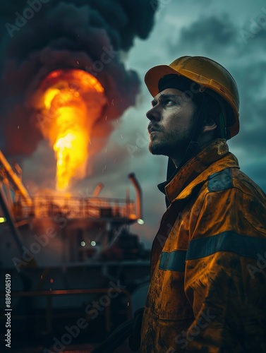 A gas and oil offshore platform engineer in overalls looks at the platform flare in the background