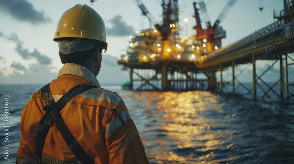 A gas and oil offshore platform engineer in overalls looks at the platform in the background, cinematic A gas and oil offshore platform engineer in overalls looks at the platform in the background, cinematic