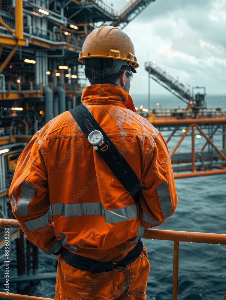 A gas and oil offshore platform engineer wearing new clean coverall looking at the platform in the background