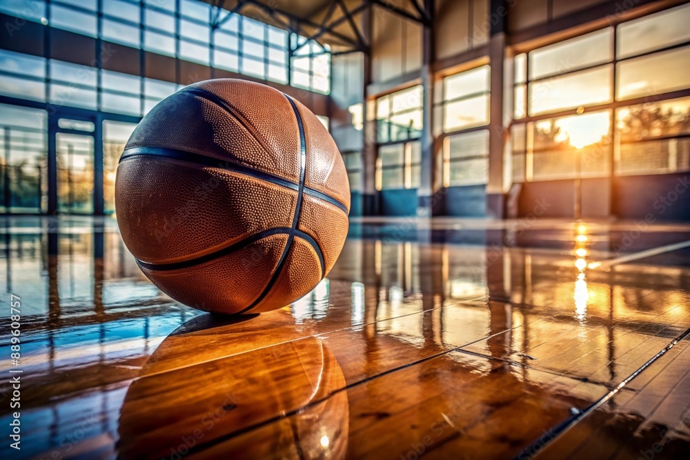 A basketball on the floor of a basketball court. The ball is in close-up. A basketball on the floor of a basketball court. The ball is in close-up.
