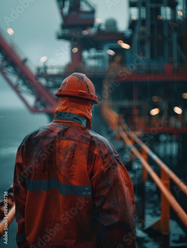 A gas and oil offshore platform engineer wearing new clean coverall looking at the platform in the background © shooreeq