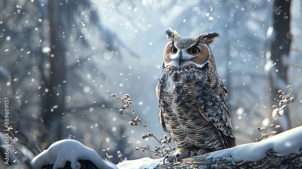 A large owl is sitting on a branch in the snow. Christmas owl is looking at the camera, and the scene is peaceful and serene A large owl is sitting on a branch in the snow. Christmas owl is looking at the camera, and the scene is peaceful and serene