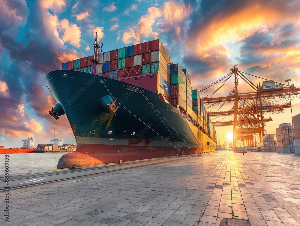 Naklejka premium Brand new giant container ship stands on unloading in the port at the berth, modern infrastructure, beautiful daytime sky