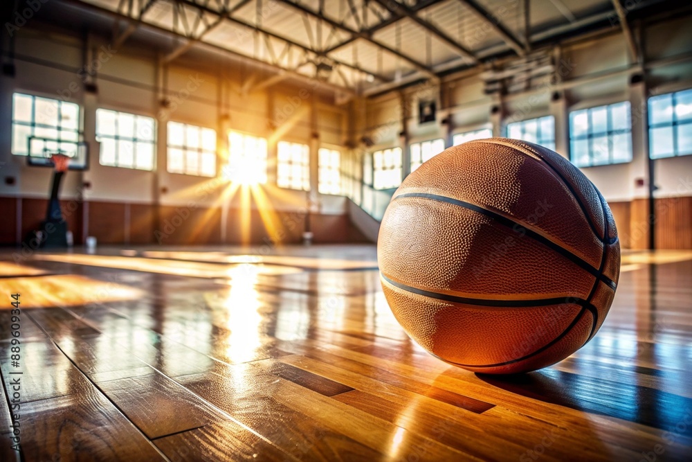 A basketball on the floor of a basketball court. The ball is in close-up. A basketball on the floor of a basketball court. The ball is in close-up.