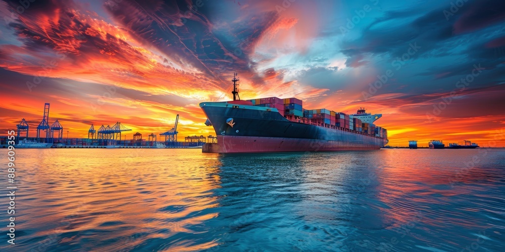 Naklejka premium Huge container ship stands on unloading in the port, modern infrastructure, equipped berth, beautiful sky