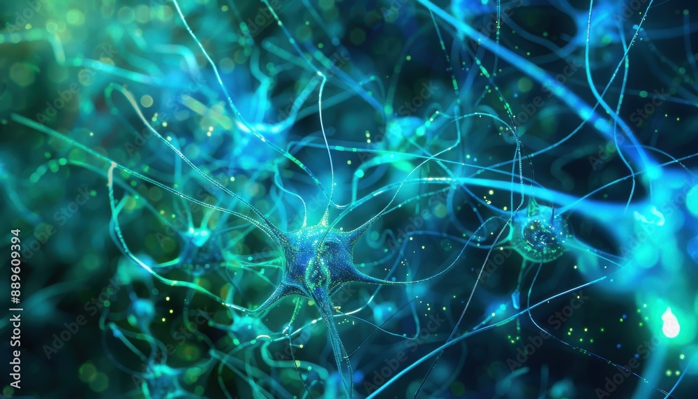 Close-up of intricate neural network patterns glowing with electric blue and green hues, futuristic setting, high definition Close-up of intricate neural network patterns glowing with electric blue and green hues, futuristic setting, high definition