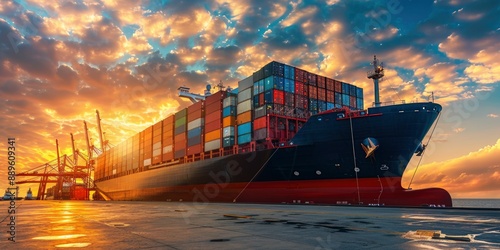 Brand new giant container ship stands on unloading in the port at the berth, modern infrastructure, beautiful daytime sky