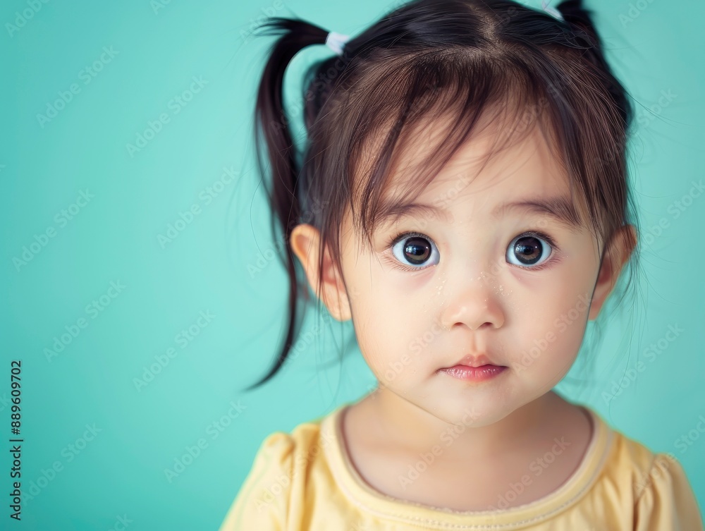 Portrait of a cute asian child, beautiful face with big eyes, pastel color background Portrait of a cute asian child, beautiful face with big eyes, pastel color background