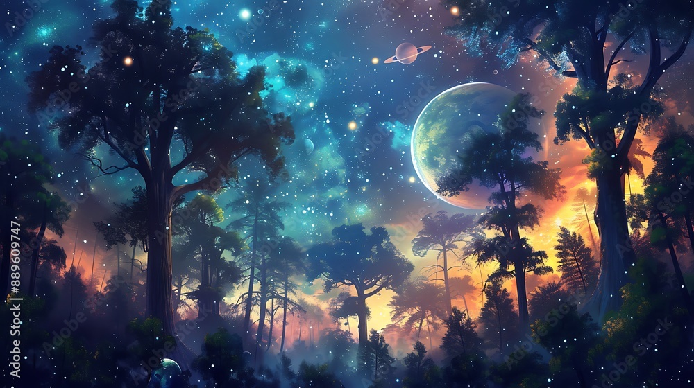 Obraz premium Night Forest With Stars