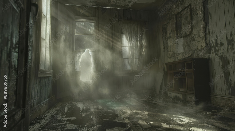 Detailed image of a ghostly figure floating through an old, abandoned house, dark and spooky lighting Detailed image of a ghostly figure floating through an old, abandoned house, dark and spooky lighting