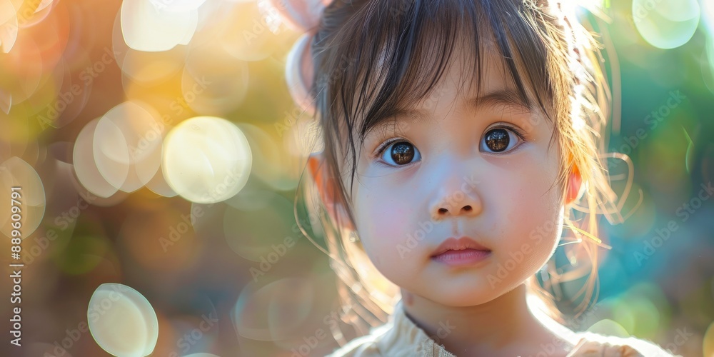Portrait of a cute asian child, beautiful face with big eyes, light saturated blurred nature background Portrait of a cute asian child, beautiful face with big eyes, light saturated blurred nature background