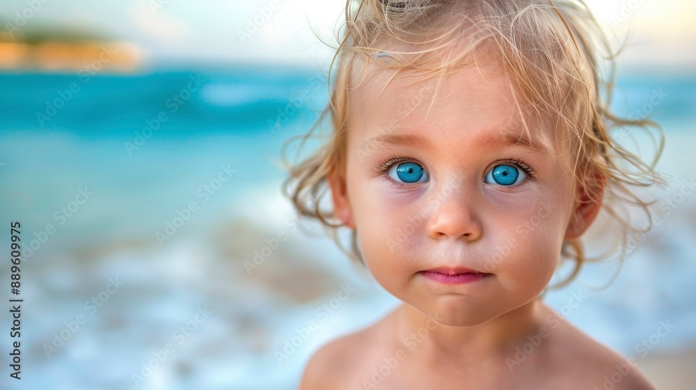 Portrait of a cute child, beautiful face with big eyes, tropical beach on blurred background Portrait of a cute child, beautiful face with big eyes, tropical beach on blurred background