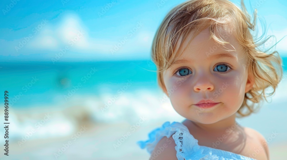 Portrait of a cute child, beautiful face with big eyes, tropical beach on blurred background