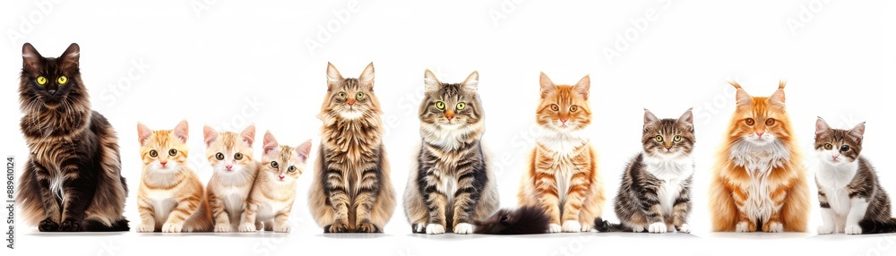 Celebrating the history of cat care, realistic, bright colors, vector illustration, background of a historical timeline, fun and educational