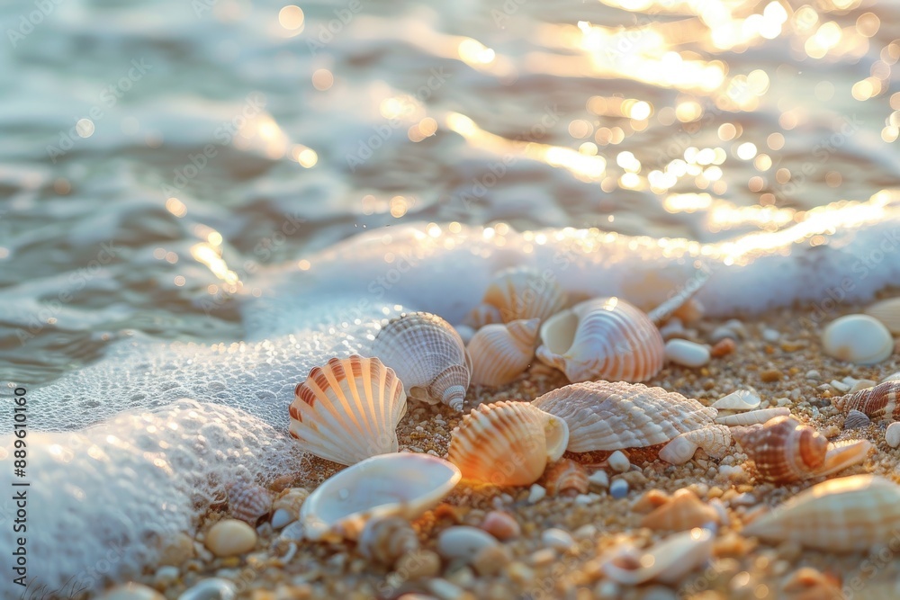 Detailed image of seashells and small pebbles on the shoreline, waves softly crashing, warm lighting Detailed image of seashells and small pebbles on the shoreline, waves softly crashing, warm lighting