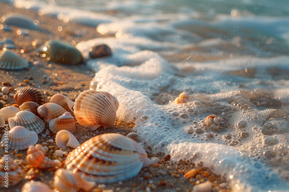 Detailed image of seashells and small pebbles on the shoreline, waves softly crashing, warm lighting Detailed image of seashells and small pebbles on the shoreline, waves softly crashing, warm lighting
