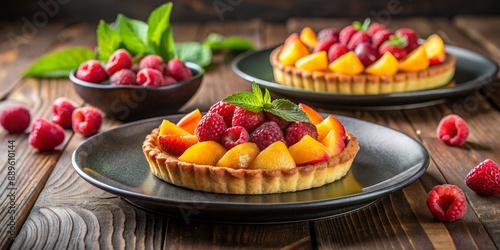 Close-up of a Peach and Raspberry Tart on a Wooden Table, Pastry, Dessert, Fruit Tart, Baking , pastry, dessert