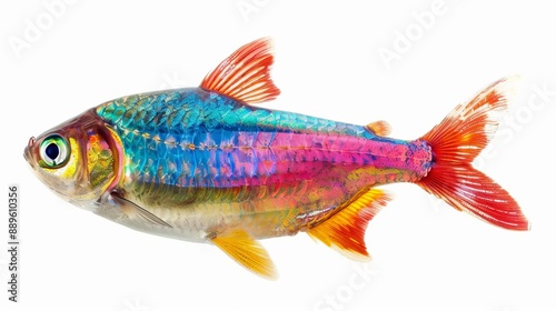 A stunning image capturing a brightly colored fish with iridescent scales, showcasing a spectrum of colors as it swims fluidly, reflecting light in a striking manner. © Damerfie