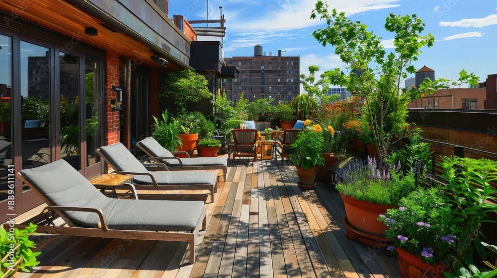 Naklejka premium A serene rooftop garden with a wooden deck, lounge chairs, and a variety of potted plants, offering a peaceful outdoor retreat.