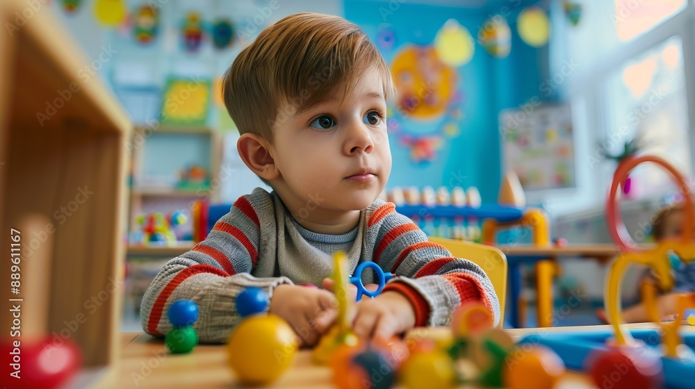 A young child, sitting at a table in a vibrant classroom, is deeply focused on playing with colorful, educational toys designed to stimulate creativity and learning. A young child, sitting at a table in a vibrant classroom, is deeply focused on playing with colorful, educational toys designed to stimulate creativity and learning.