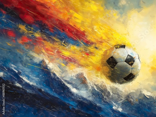 The essence of Romanian football team depicted with a soccer ball, the colors of the Romanian flag and the Carpathian mountains, ai generated