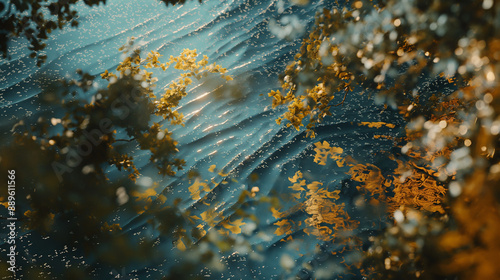 top view of falling autumn leaves on the river