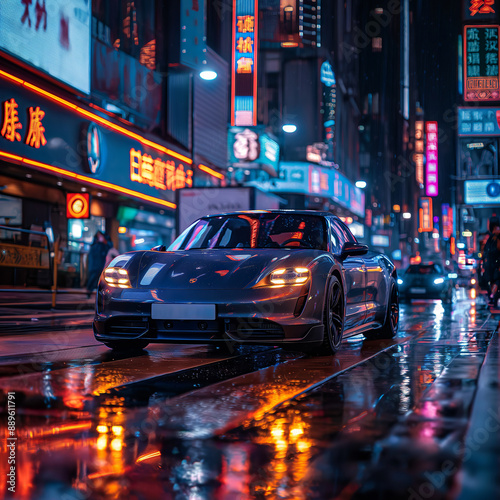 Conceptual image of a sports electroc vehicle at night in the neon lights of the city -ai generated photo