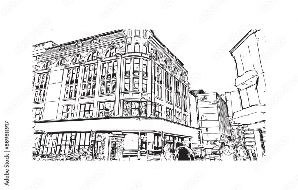 Fototapeta premium Building view with landmark of Bucharest Romanin. Hand drawn sketch illustration in vector. 