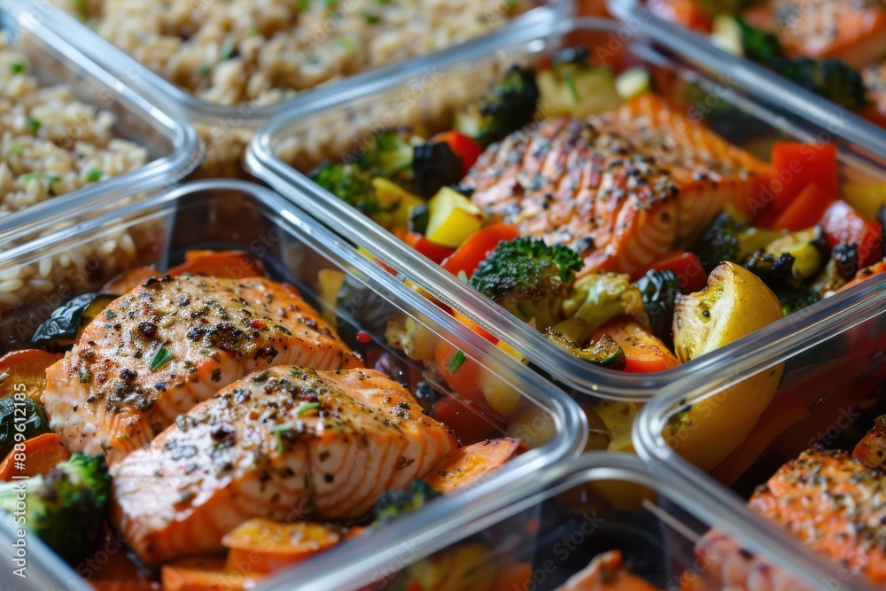 A close-up of meal prep containers filled with roasted vegetables, brown rice, and grilled salmon A close-up of meal prep containers filled with roasted vegetables, brown rice, and grilled salmon