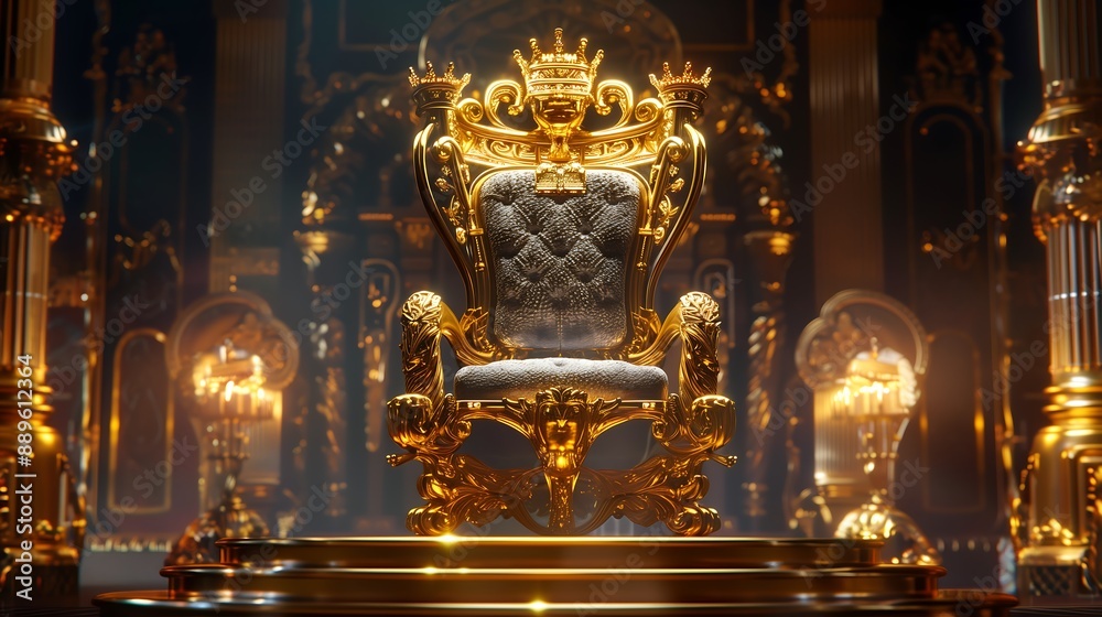 The design shines with a majestic throne and a magnificent crown - a magnificent crown symbolizing the ruler of the kingdom, a sumptuous throne, and plenty of copy space.Generative AI The design shines with a majestic throne and a magnificent crown - a magnificent crown symbolizing the ruler of the kingdom, a sumptuous throne, and plenty of copy space.Generative AI
