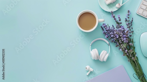 Flat Lay Workspace with Lavender and Coffee