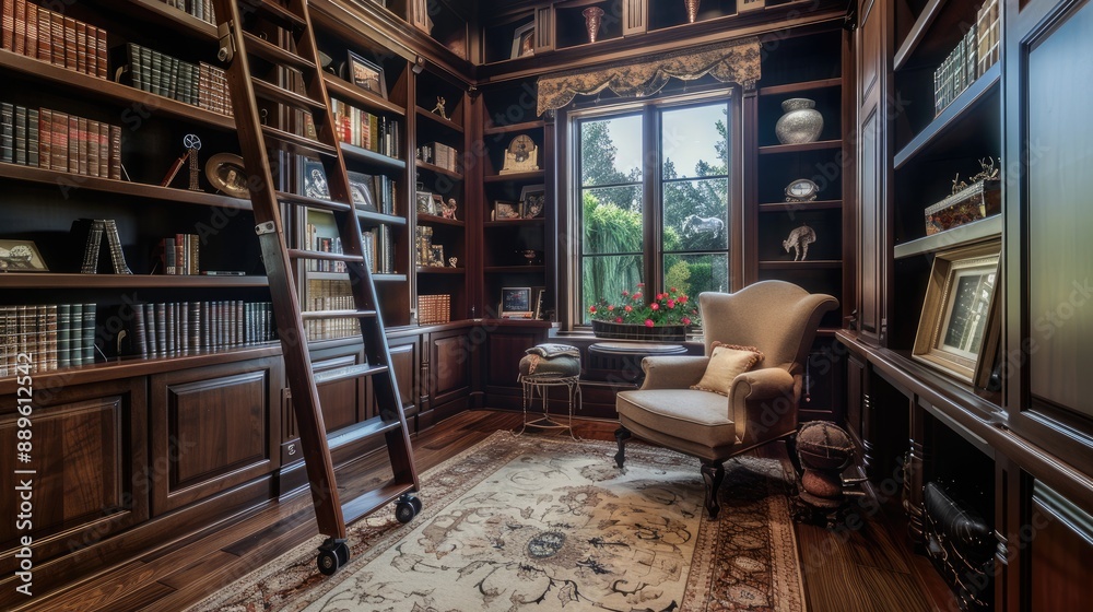 A sophisticated home library with dark wood shelves, a rolling ladder, and a plush reading chair by the window, offering a quiet retreat. A sophisticated home library with dark wood shelves, a rolling ladder, and a plush reading chair by the window, offering a quiet retreat.
