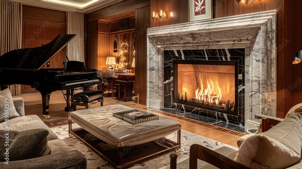 A sophisticated living room with a grand piano, a marble fireplace, and plush seating, creating an elegant space for entertaining guests. A sophisticated living room with a grand piano, a marble fireplace, and plush seating, creating an elegant space for entertaining guests.