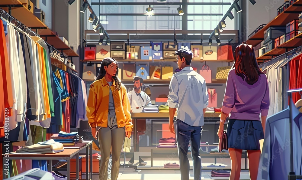 Shopping in Modern Clothing Store, Retail Sales Associate Assists Client. Diverse People in Fashionable Shop, Choosing Stylish Clothes, Colorful Brand Designs, Quality Sustainable, Generative AI Shopping in Modern Clothing Store, Retail Sales Associate Assists Client. Diverse People in Fashionable Shop, Choosing Stylish Clothes, Colorful Brand Designs, Quality Sustainable, Generative AI