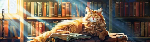 Educational infographic on the history of cat care, realistic, bright colors, vector illustration, background of an ancient library, engaging and informative