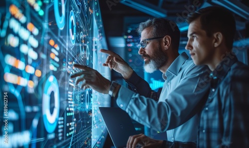 Manager and Computer Science Engineer Talk while Using Big Screen Display and a Laptop, Showing Infrastructure Infographics Data. Telecommunications Company System Control and Monitoring,Generative AI