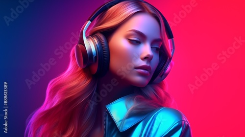 Beautiful girl in headphones creative poster. Music sound concept background. Young woman listens to music. Digital raster illustration for poster, music album cover, promotion. AI artwork.