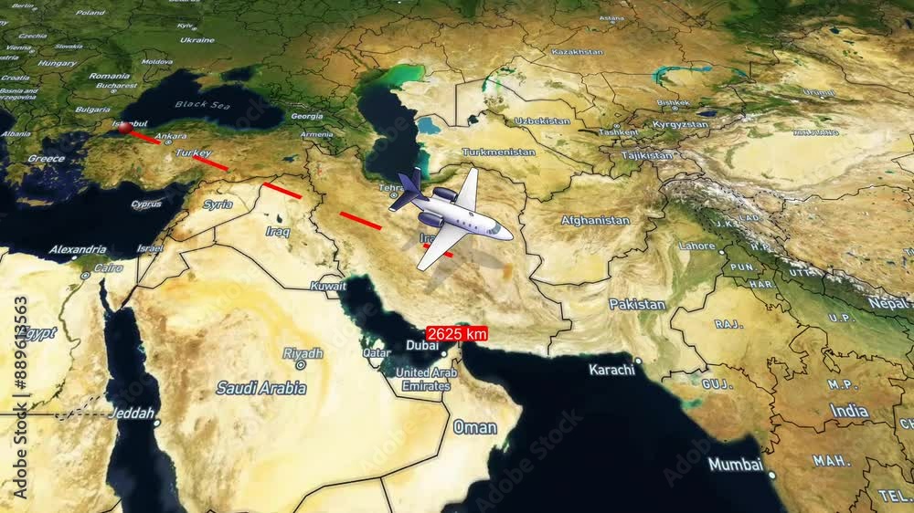 International flight route from Istanbul to Pattaya