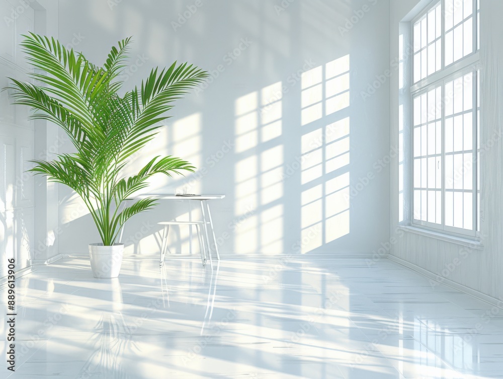 Fototapeta premium Bright room with large windows and a green potted plant