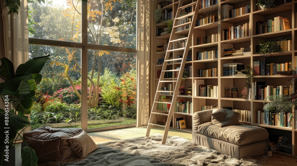 A stylish home library with a ladder that glides along custom-built bookshelves, a comfortable reading nook, and a large window with garden views. A stylish home library with a ladder that glides along custom-built bookshelves, a comfortable reading nook, and a large window with garden views.