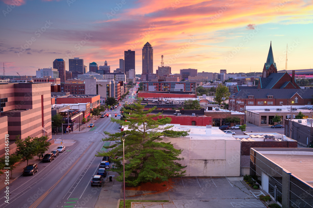 Des Moines, Iowa, USA. Cityscape image of Des Moines skyline, Iowa, USA at summer sunset.