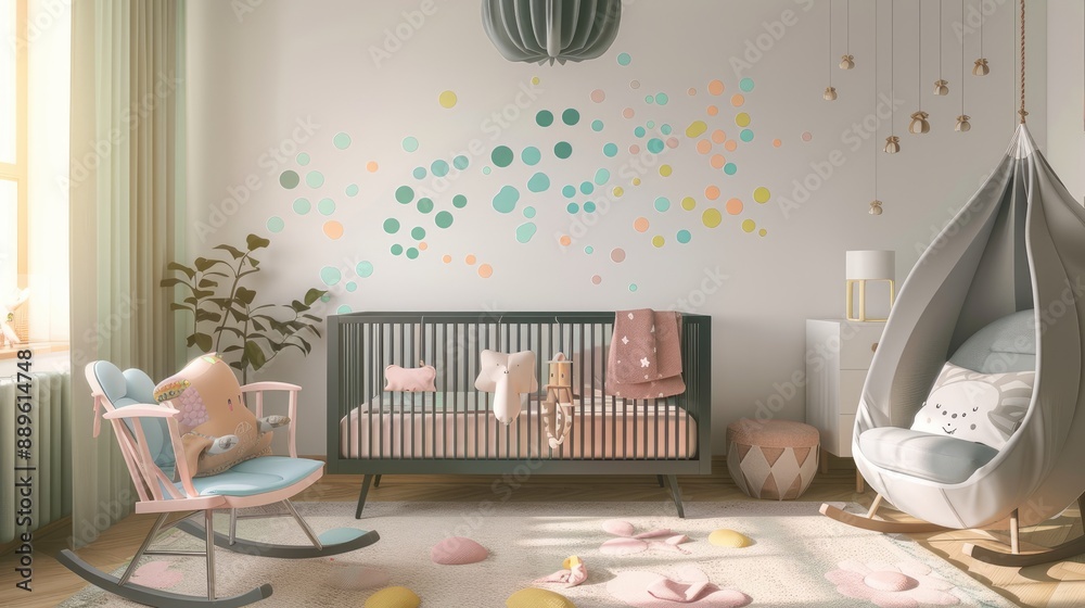 Obraz premium A stylish nursery with a pastel color scheme, a sleek crib, a rocking chair, and playful wall decals, creating a soothing and cheerful environment.
