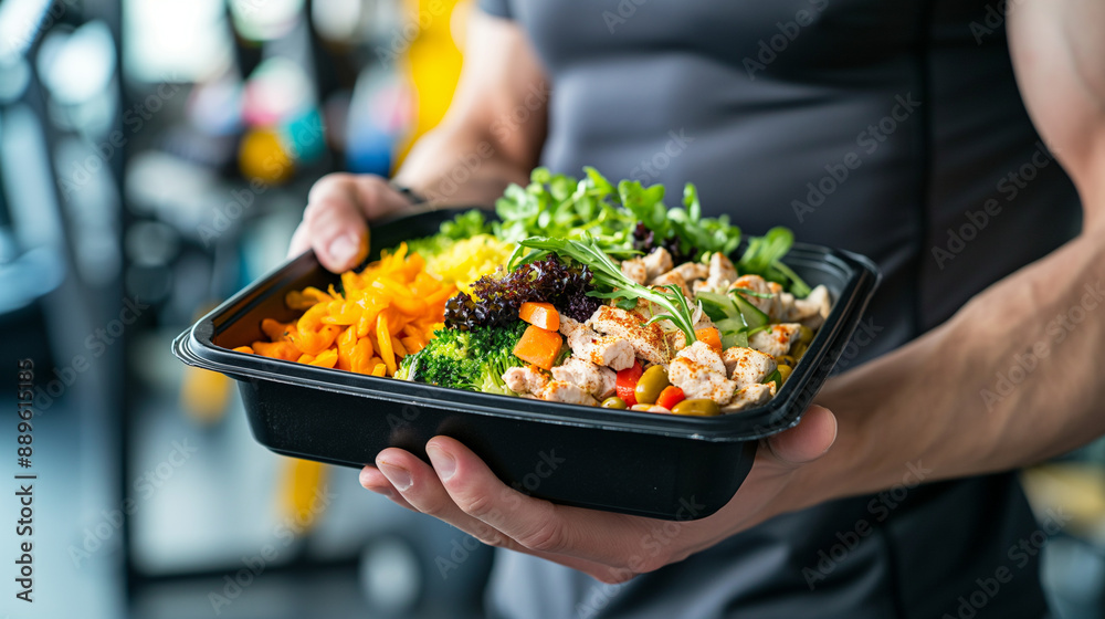 Close-up of a man's hands holding a black container with a nutritious fitness meal of white meat, green salad, and colorful vegetables, with a bustling gym in the background. Close-up of a man's hands holding a black container with a nutritious fitness meal of white meat, green salad, and colorful vegetables, with a bustling gym in the background.