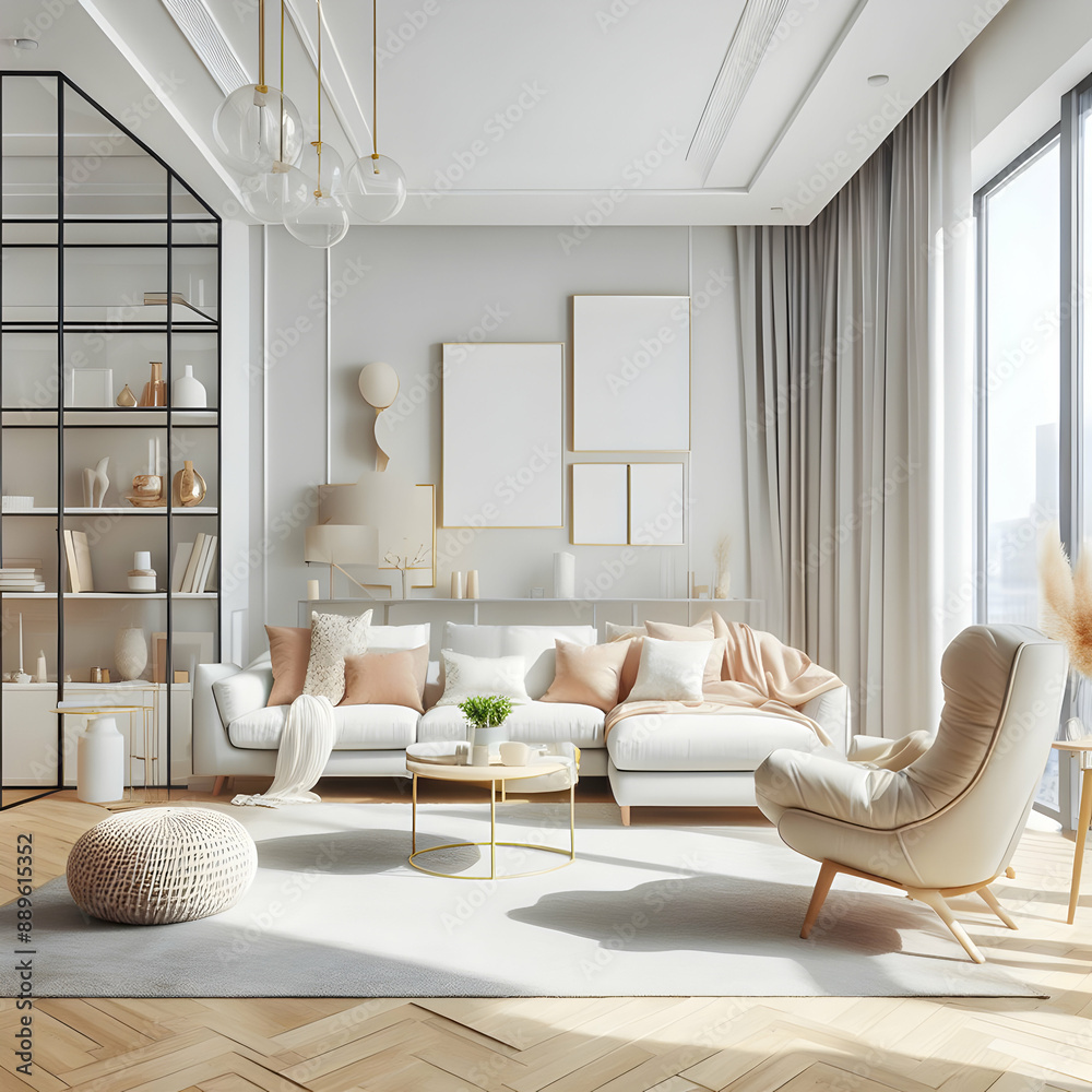 Fototapeta premium Bright Interior of the Modern Living Room in White Tones